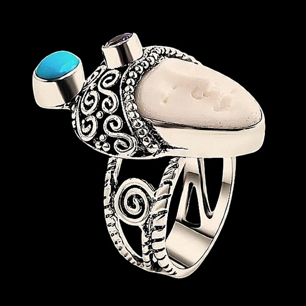 Sterling Silver Carved Bone Sleeping Beauty Turquoise & Tanzanite 1.00 ctw